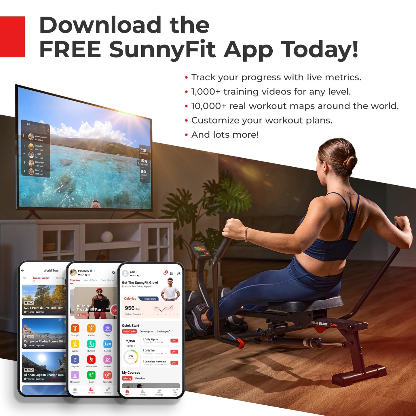 Sunny Health & Fitness Smart Silent Magnetic Rowing Machine with Dual Slide Rail – Magnetic Resistance Rower Designed for Low-Impact Full-Body Workouts and Users up to 300 LB - SF-RW523021