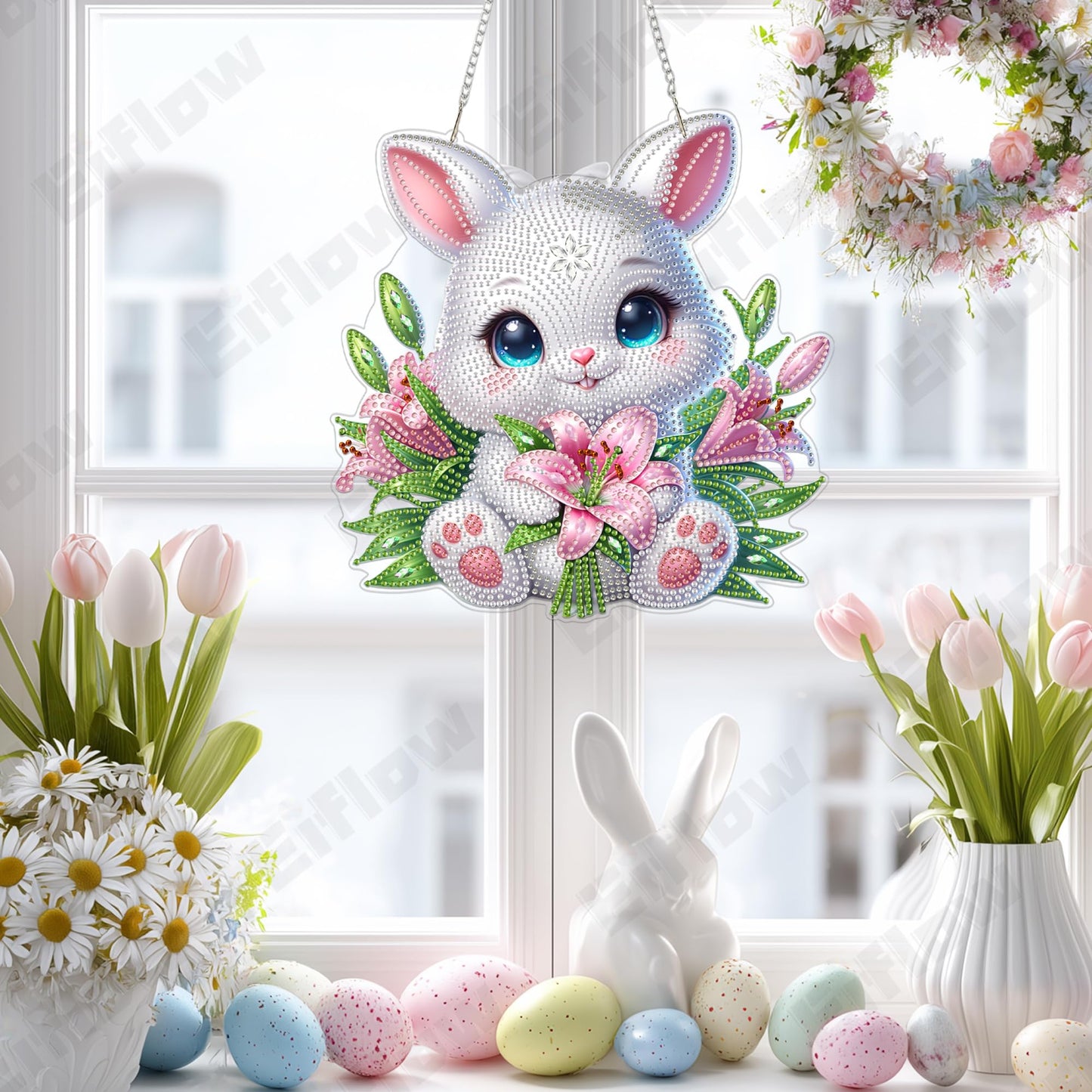 Eiflow Acrylic Diamond Art Hanging Kit for Adults, DIY Diamonds Painting Door Hanging Board Kit, Special Crystal Diamond Art Painting Pendant Ornament (Easter Rabbit)