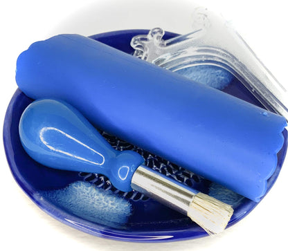BonCera, All-in-one Premium Ceramic Garlic Grater Plate 4-Piece Set - Blue Cross Glazed Design and Style - For Garlic, Ginger, Chocolate, and more! - Comes with 5.25" Plate, Peeler, Brush, and Stand