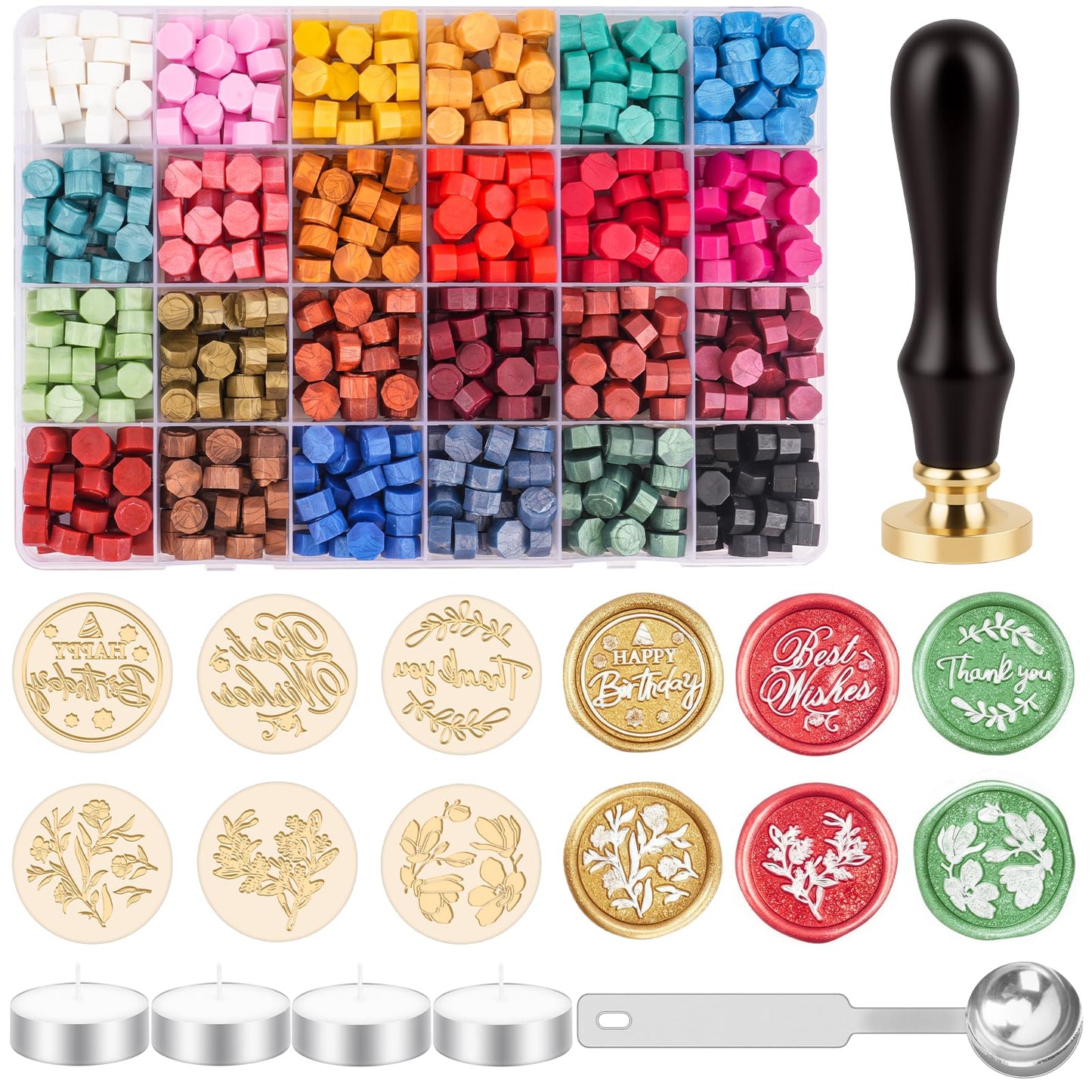 Aottom Wax Seal Kit, Wax Seal Stamp Kit with 24 Colors 624 Pcs Sealing Beads, 6 Packs Brass Stamp Heads, Melting Spoon, Tea Light Candles for Wedding Invitation Envelope Letter Christmas Gift Wrapping