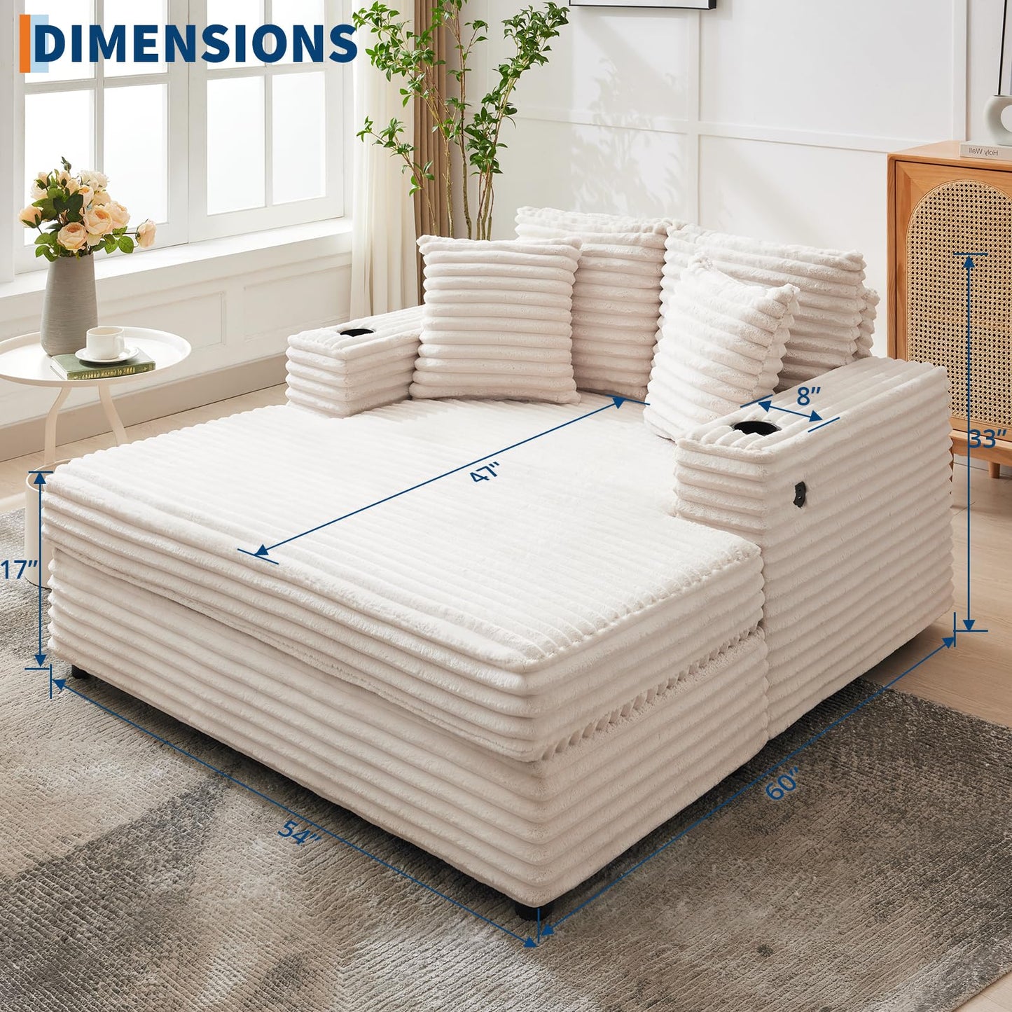 GarveeHome 60-inchOversized Chaise Lounge Chair Indoor, Comfy Corduroy Lounge Sofa with Charging Station, Cup Holders & Throw Pillows, Cozy Sleeper Couch for Living Room Apartments, Beige