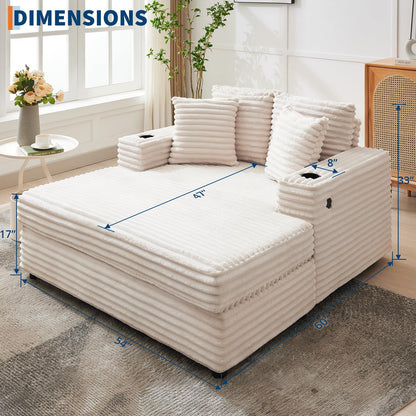 GarveeHome 60-inchOversized Chaise Lounge Chair Indoor, Comfy Corduroy Lounge Sofa with Charging Station, Cup Holders & Throw Pillows, Cozy Sleeper Couch for Living Room Apartments, Beige