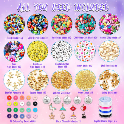 Wakestar Clay Beads Bracelet Making Kit,Flat Round 6mm Clay Beads for Jewelry Making with Pendant Charms Kit,Art Crafts Gift Sets for Girls Ages 3 4 5 6 7 8 9 10 11 12
