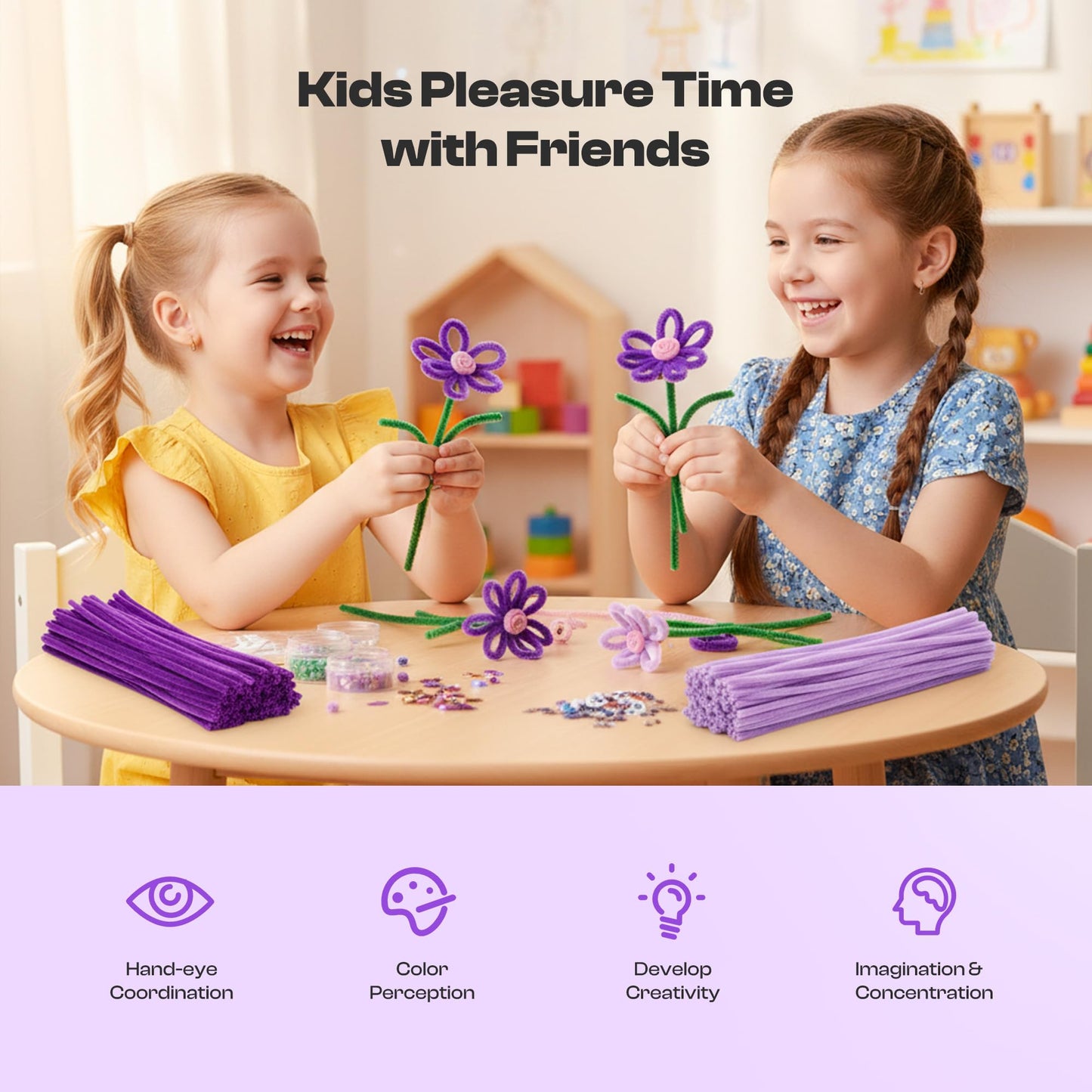 Caydo 700PCS Pipe Cleaner Flower Kit, Purple Craft Chenille Stems Bulk with Floral Wires, Ribbons, Tapes, Stamens, Glue Sticks for Making Pipe Cleaner Bouquets