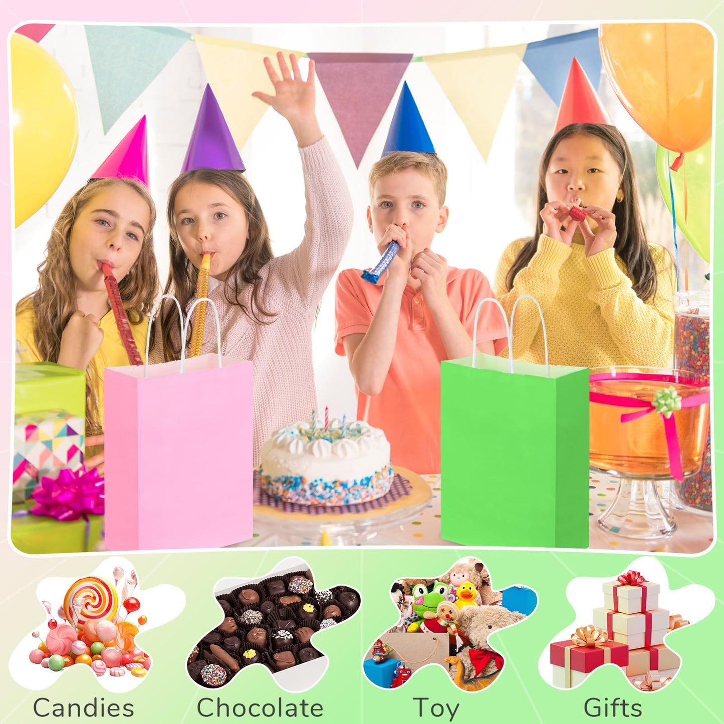 Kolldenn 48 Pcs Small Pink and Green Gift Bag 6.3 x 3.15 x 8.7 '' Paper Favor Treat Goodie Bag Bulk with Handle for Witch and Princess Theme Party Sisterhood Birthday Party Supplies