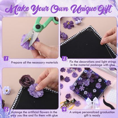 Solsew 50 Pcs DIY Graduation Cap with Lights Decoration Kit Include Artificial Flower String Light Ribbon Bow Pearl Sticker for DIY Cap 2026 Graduation Party(Blue Light, Purple Flower)