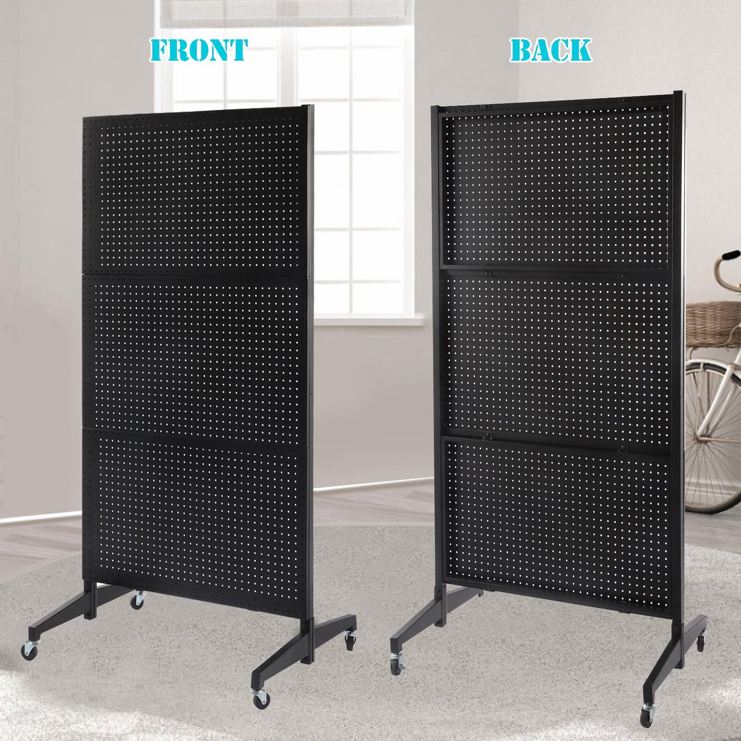 3'x 6' Black Pegboard Panels Display Stand with T-Base, Metal Peg Board Organizer Panels Display Rack With Wheel, Craft Fair Display Rack, Art Display Stand, Retail Display, Extra 20 pieces Hooks
