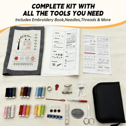 Embroidery Stitch Book Kit for Beginners, 106 Patterns with 86-Piece Tools, Portable DIY Learning Book with Video Tutorials, Mindfulness Hand Embroidery Starter Kit for Adults, Relaxing Craft Gift