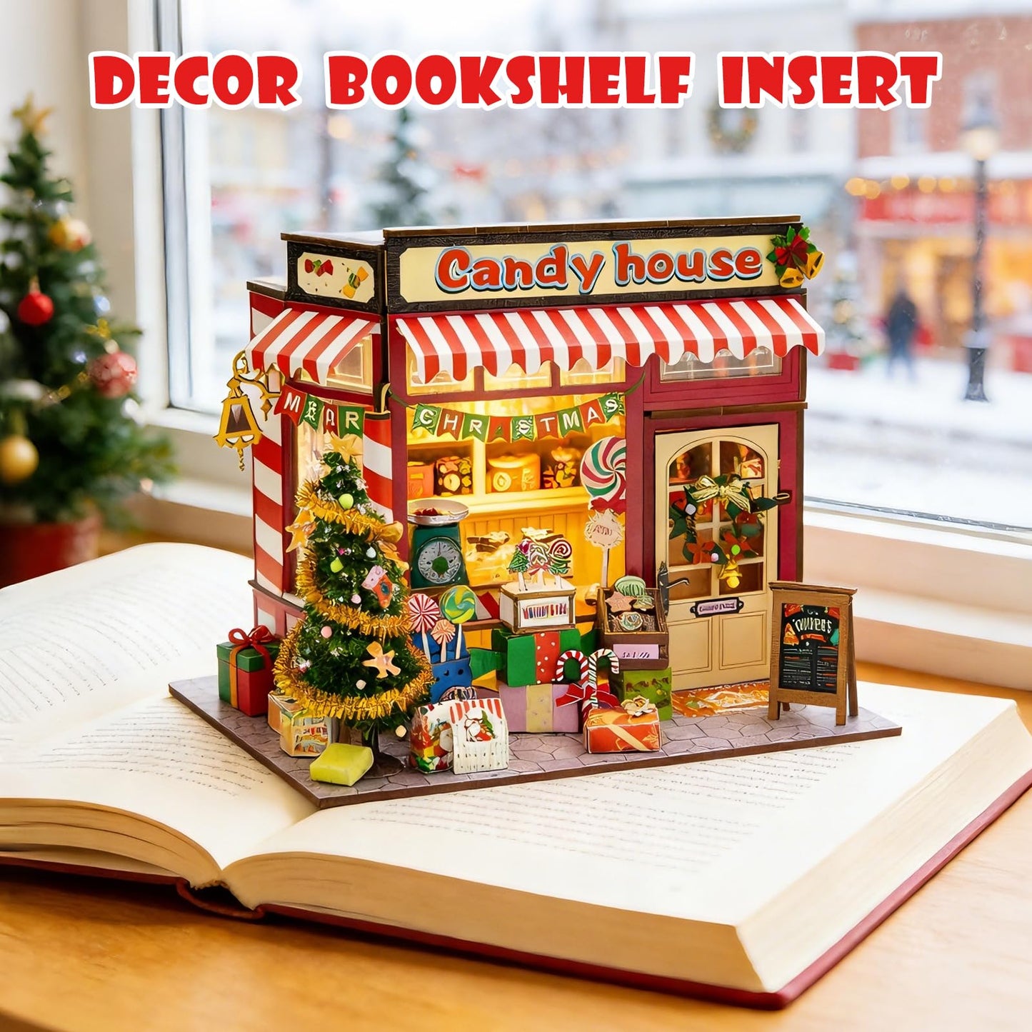 Book Nook Kit, 3D Wooden Puzzles Christmas Candy Shop Miniature House Dollhouse Booknook Mini House Making Kit Bookshelf Decorations Gifts for Family, Friends