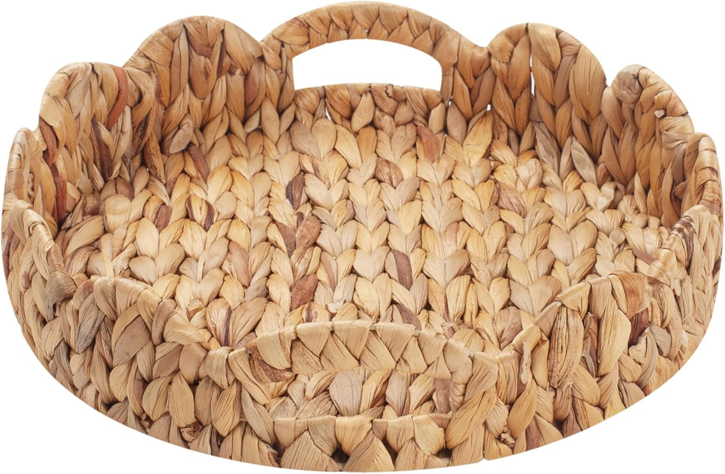 14 inch Yangqihome Round Scalloped Serving Tray, Decorative Water Hyacinth Scalloped Basket with Built-in Handles