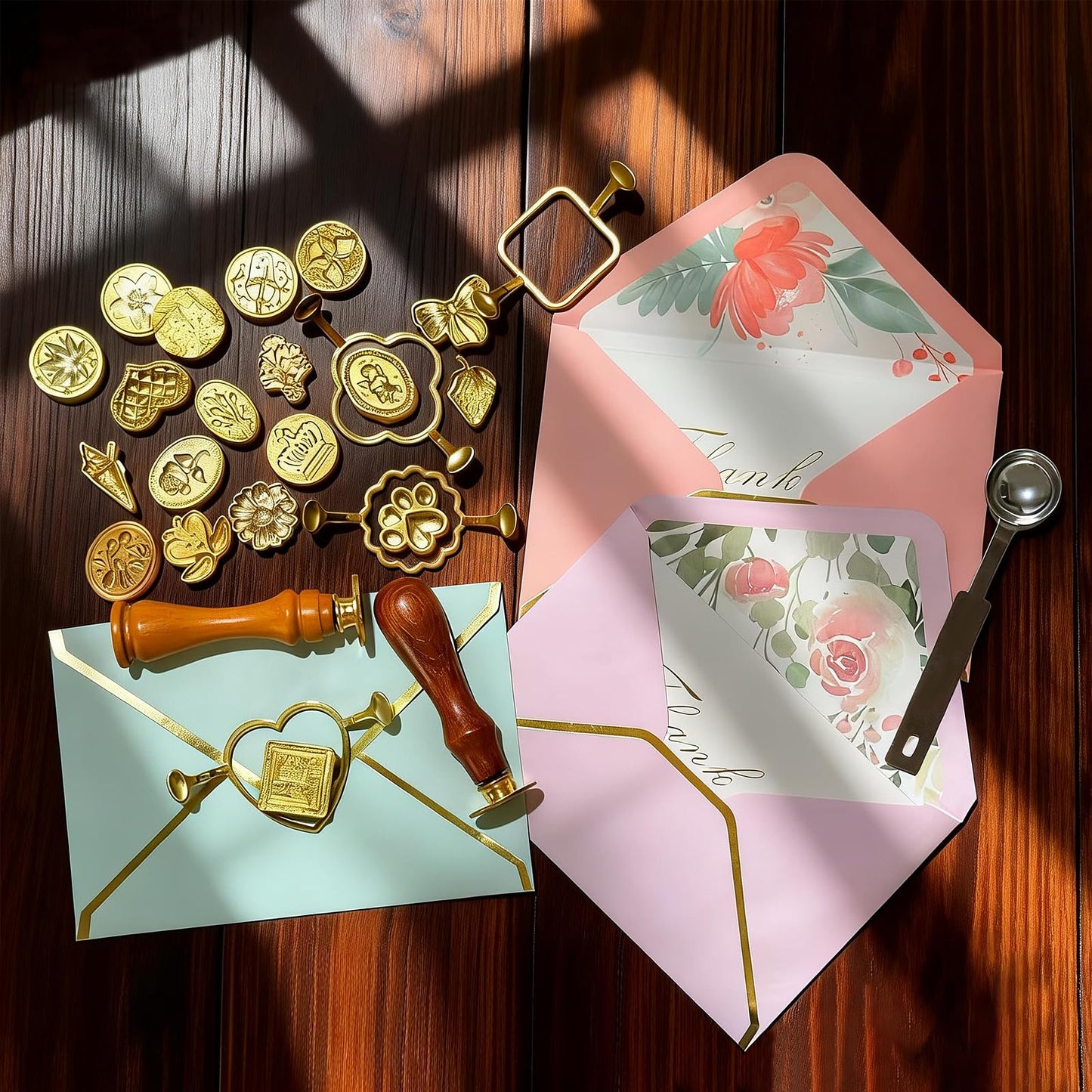 39Pcs Wax Seal Stamp Kit,Vintage Classic Sealing Wax Stamp Heads with Wooden Handle & Metal Wax Seal Molds and Spoon, with Envelope Greeting Card, for Gift Wrapping,Wedding & Party Invitations