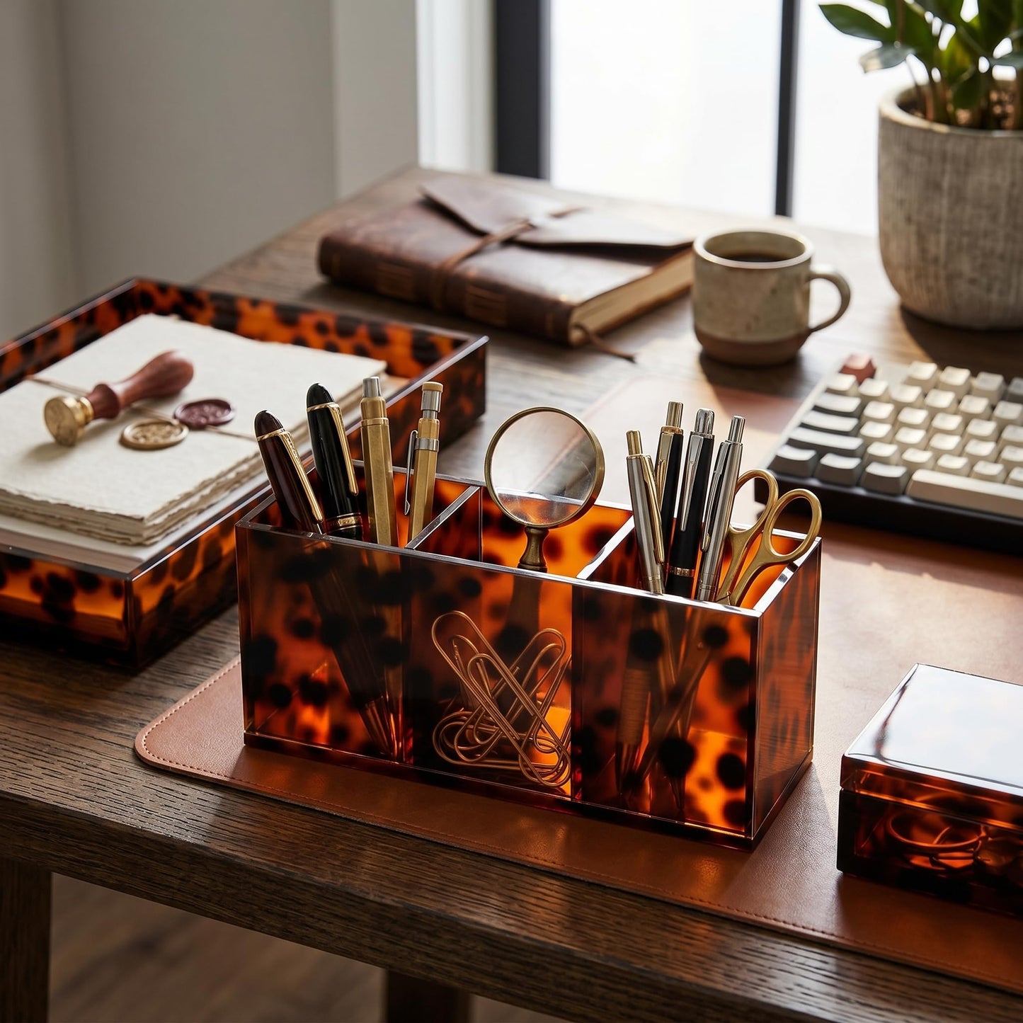 Novabright Acrylic Tortoise Tray Makeup Brush Organizer Tortoise Shell Acrylic Pen Holder Pencil Organizer Clear Cosmetic Brushes Storage with 3 Slots