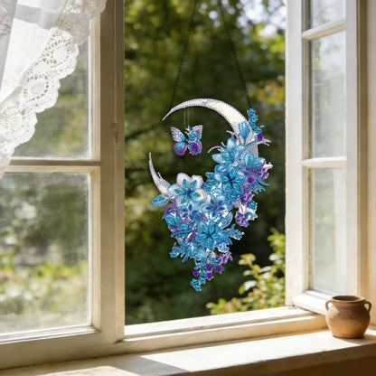 STGLCR Hanging Diamond Art Kits for Adults Pendant Moon, Special Shaped Crystal DIY Flower Diamond Painting Kit for Begginer, Acrylic Board Foral Moon Pendants for Home Decor 11.92 Inch Butterfly Blue