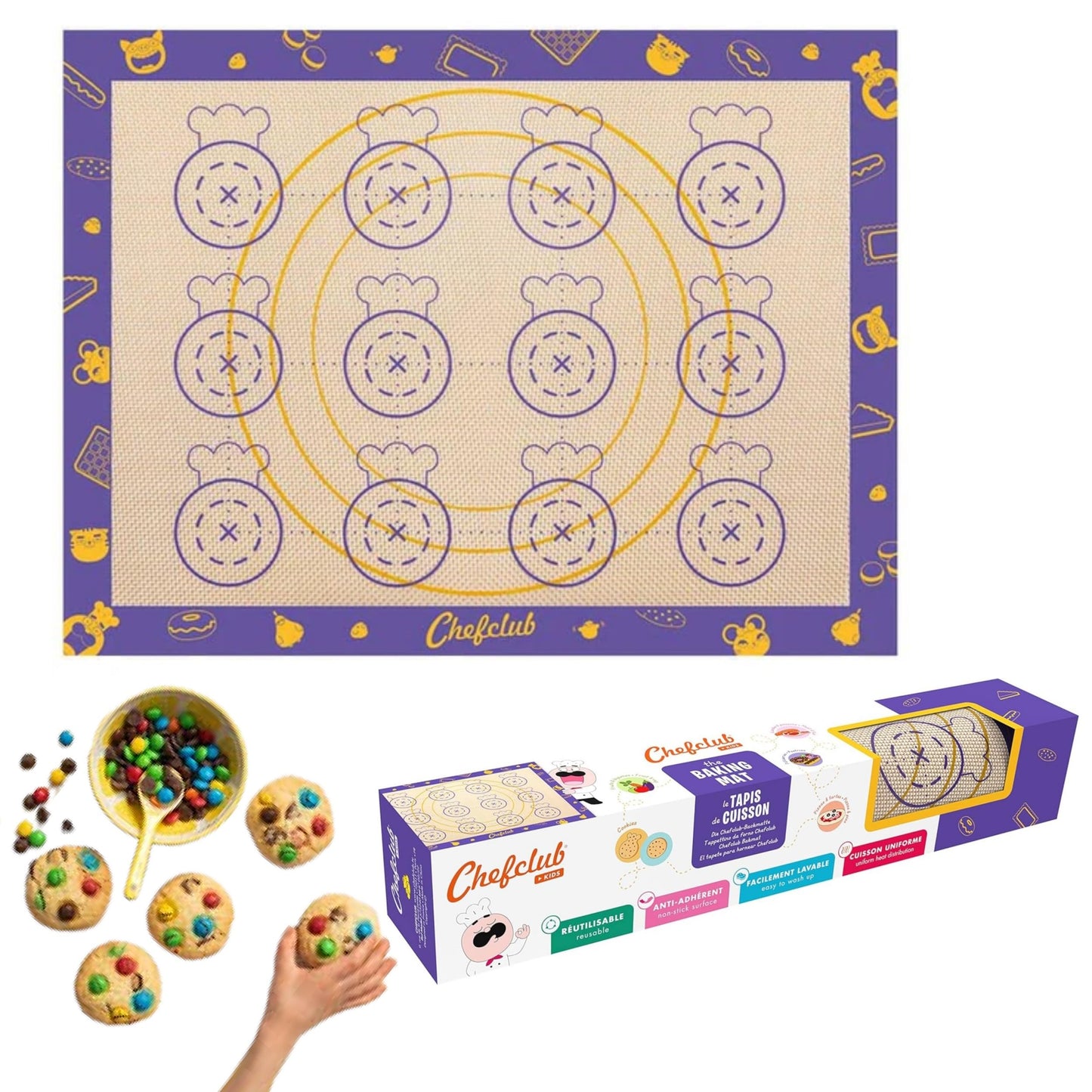 Chefclub Kids Silicone Baking Mat – 12" x 15" Reusable Non-Stick Baking Sheet with Graphic Markers – Food Safe BPA-Free for Kids Cookies, Pizza, Biscuits – Even Heat Distribution, Dishwasher Safe