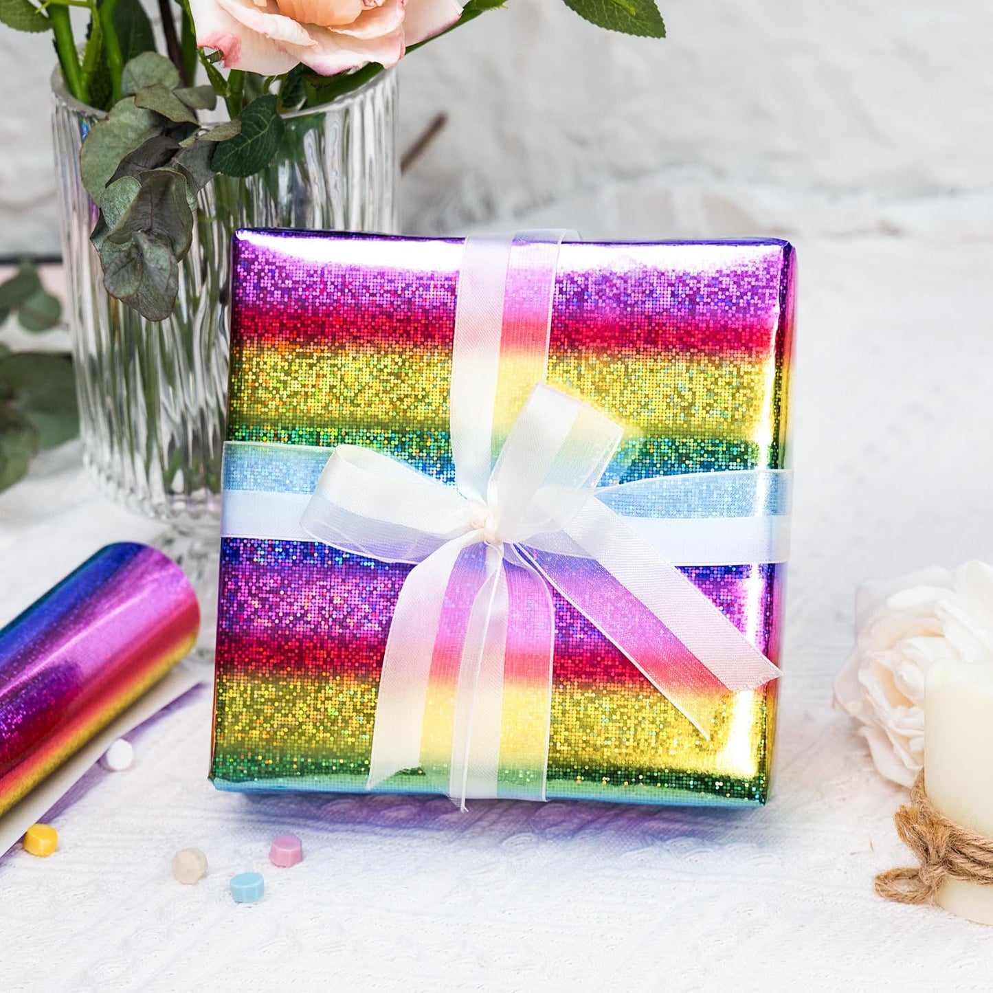 Merture 17 In X 33 Ft (46.5 sq.ft.) Rainbow Holographic Wrapping Paper Roll, Striped Glitter Gift Wrap for Disco Party, Wedding, Birthday, Christmas, Bridal Shower, Graduation