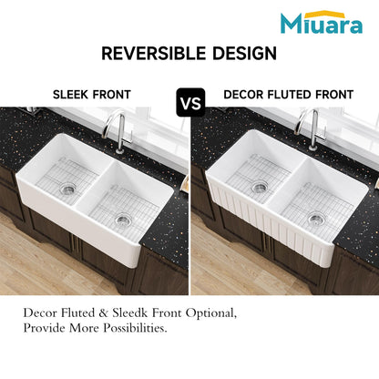 Miuara Farmhouse Sink Double Bowl 33 Inch - White Apron Front Kitchen Sink Reversible 33"x18", Undermount Farm House﻿ Style Dual Basin 50/50, Heavy Duty Solid Fireclay, for Kitchen