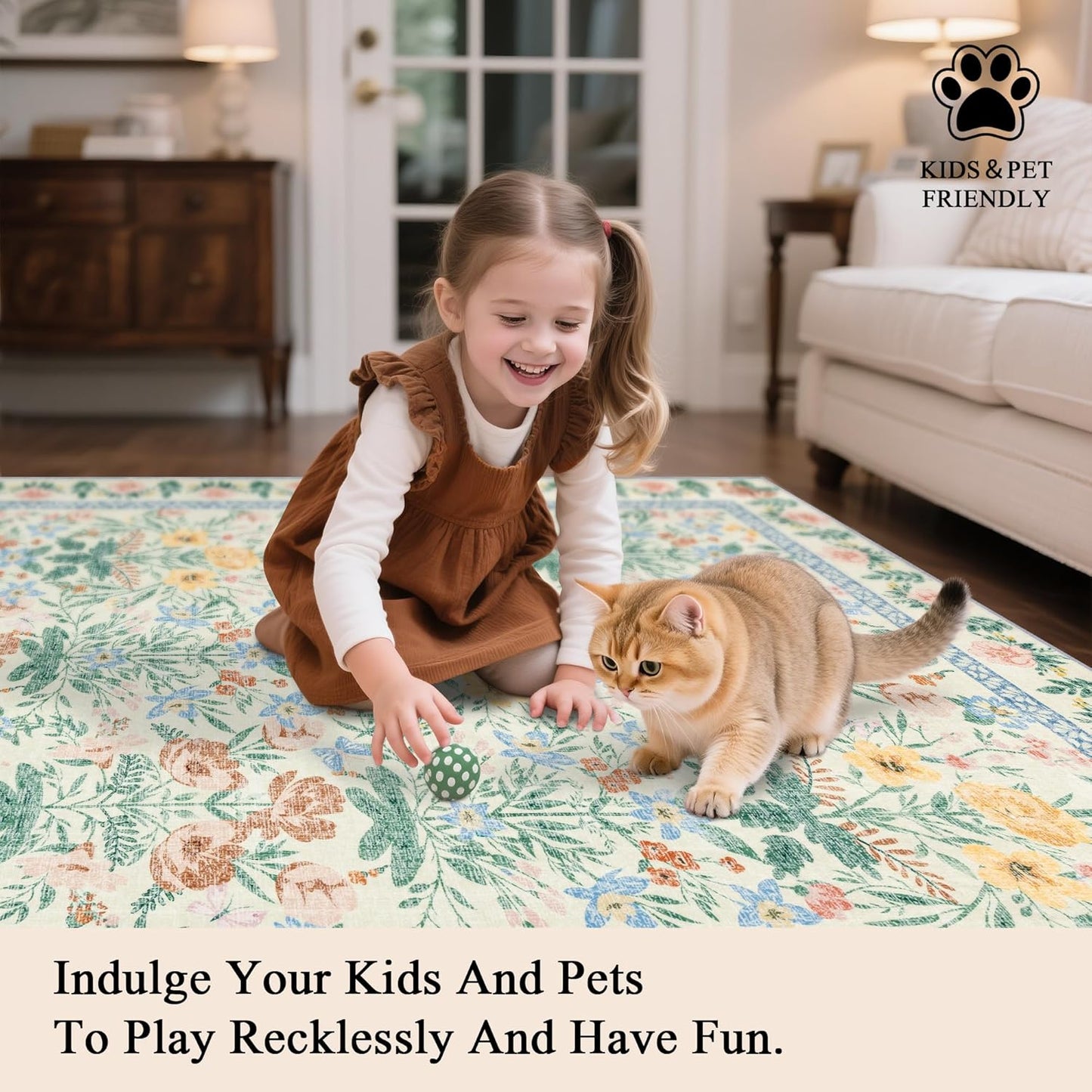 5x7 Boho Area Rugs: Floral Washable Rugs for Living Room Bedroom Nursery Girls Room Decor - Soft Non-Slip Carpet