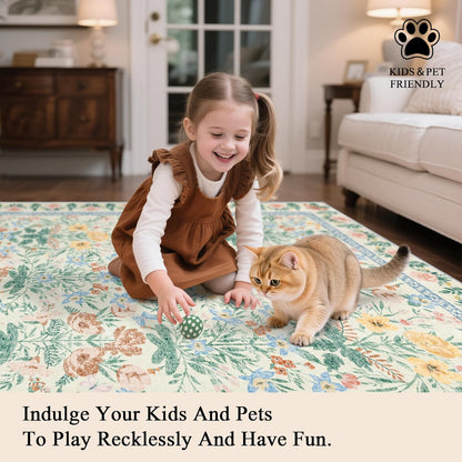 5x7 Boho Area Rugs: Floral Washable Rugs for Living Room Bedroom Nursery Girls Room Decor - Soft Non-Slip Carpet