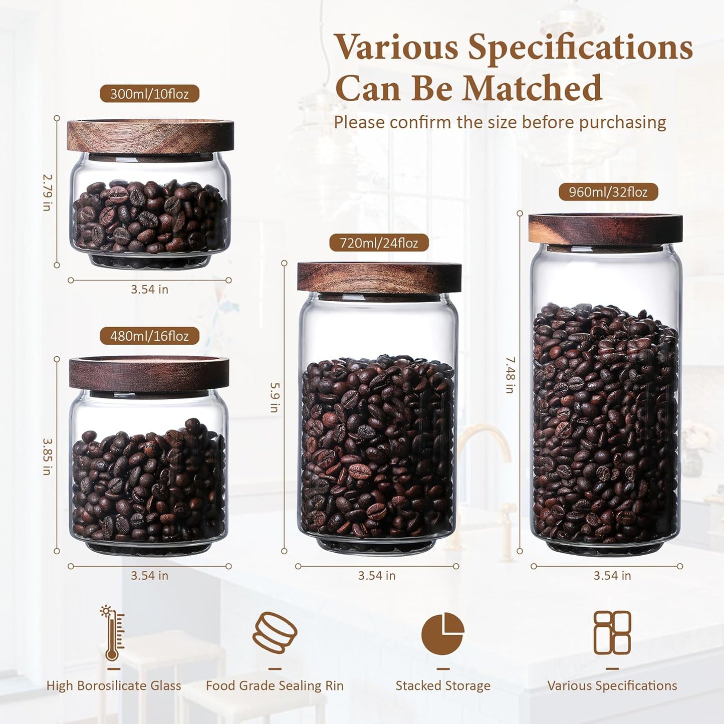 720ML/24Oz Clear Glass Storage Canister with Airtight Wood Lid, Modern Decorative Container for Coffee, Spice, Candy
