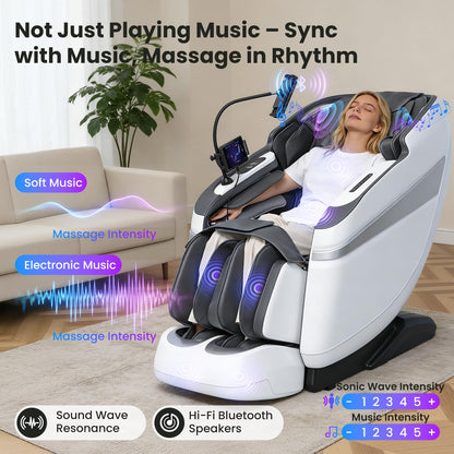 KTENTITO 4D Music Rhythm Massage Chair Full Body Recliner, 2026 Unique Sonic Resonance Zero Gravity SL-Track Shiatsu with Knee Heating Blanket AI Voice Bluetooth Foot Roller Body Scan Airbags G9 White