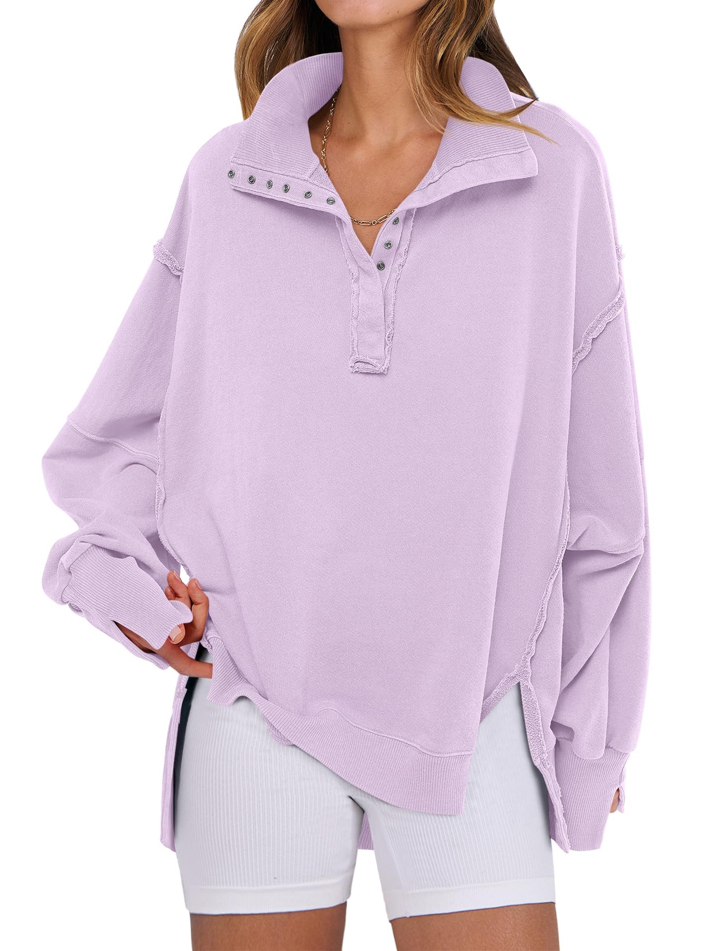 ANRABESS Women's Sweatshirts Oversized Casual Loose Button Up Henley Pullover Top High Low Split 2025 Fall Fashion Outfits
