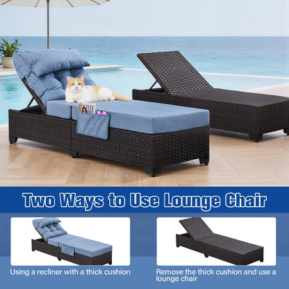 Ligescel Outdoor Chaise Lounge Chair, Patio Rattan Adjustable Recliner with 5-Inch Thick Cushion, Heavy Duty Metal Lounger for Pool Beach Yard (Blue)