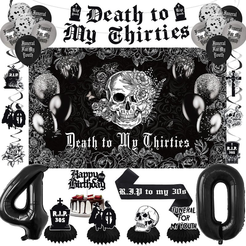 Crenics Death to My 30s Decorations - Death to My Thirties Backdrop, Banner, Honeycomb, Sash, Hanging Swirls, Cake Topper and Balloons for 40th Birthday Party Decorations for Women or Men