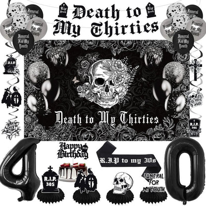 Crenics Death to My 30s Decorations - Death to My Thirties Backdrop, Banner, Honeycomb, Sash, Hanging Swirls, Cake Topper and Balloons for 40th Birthday Party Decorations for Women or Men