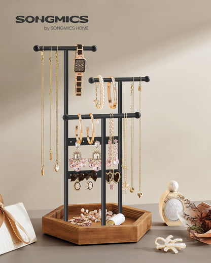 SONGMICS Jewelry Holder, Jewelry Organizer, 3 Tiers and 1 Tray, Jewelry Display Stand with Metal Frame, Necklace Earring Bracelet Holder, for Rings, Ink Black and Caramel Brown UJJS03CB