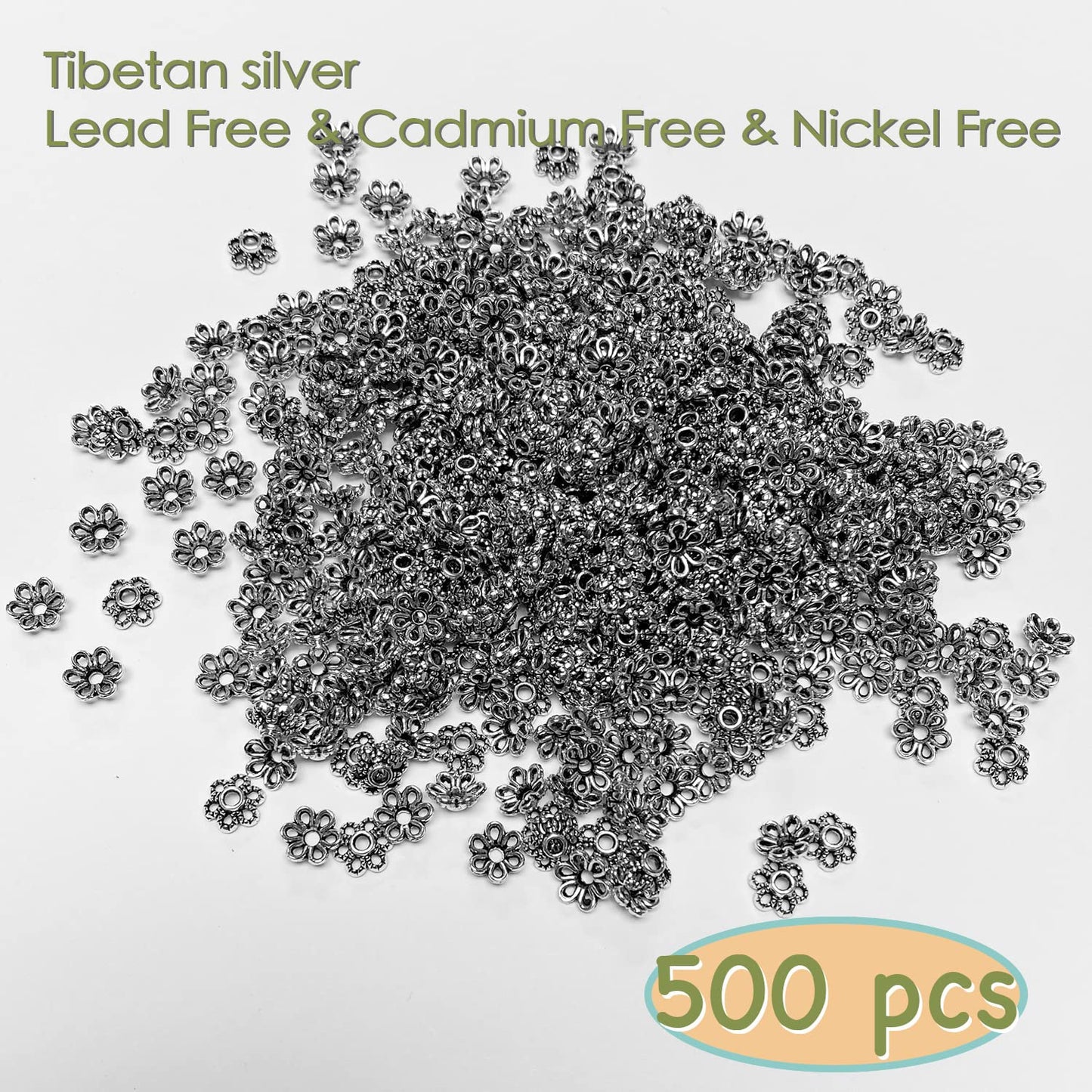 Heather's cf Flower Bead Caps Custom Fancy Charm Jewelry Making Spacer Kit Findings Bulk Vintage for Bracelets Earrings Necklaces Rings Beading Supplies Craft Non Tarnish DIY (Silver Tone - 500 Pcs)