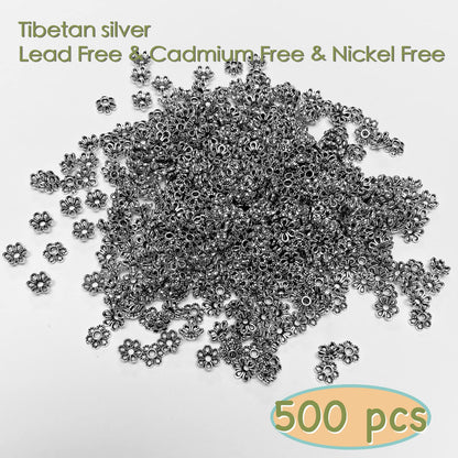 Heather's cf Flower Bead Caps Custom Fancy Charm Jewelry Making Spacer Kit Findings Bulk Vintage for Bracelets Earrings Necklaces Rings Beading Supplies Craft Non Tarnish DIY (Silver Tone - 500 Pcs)