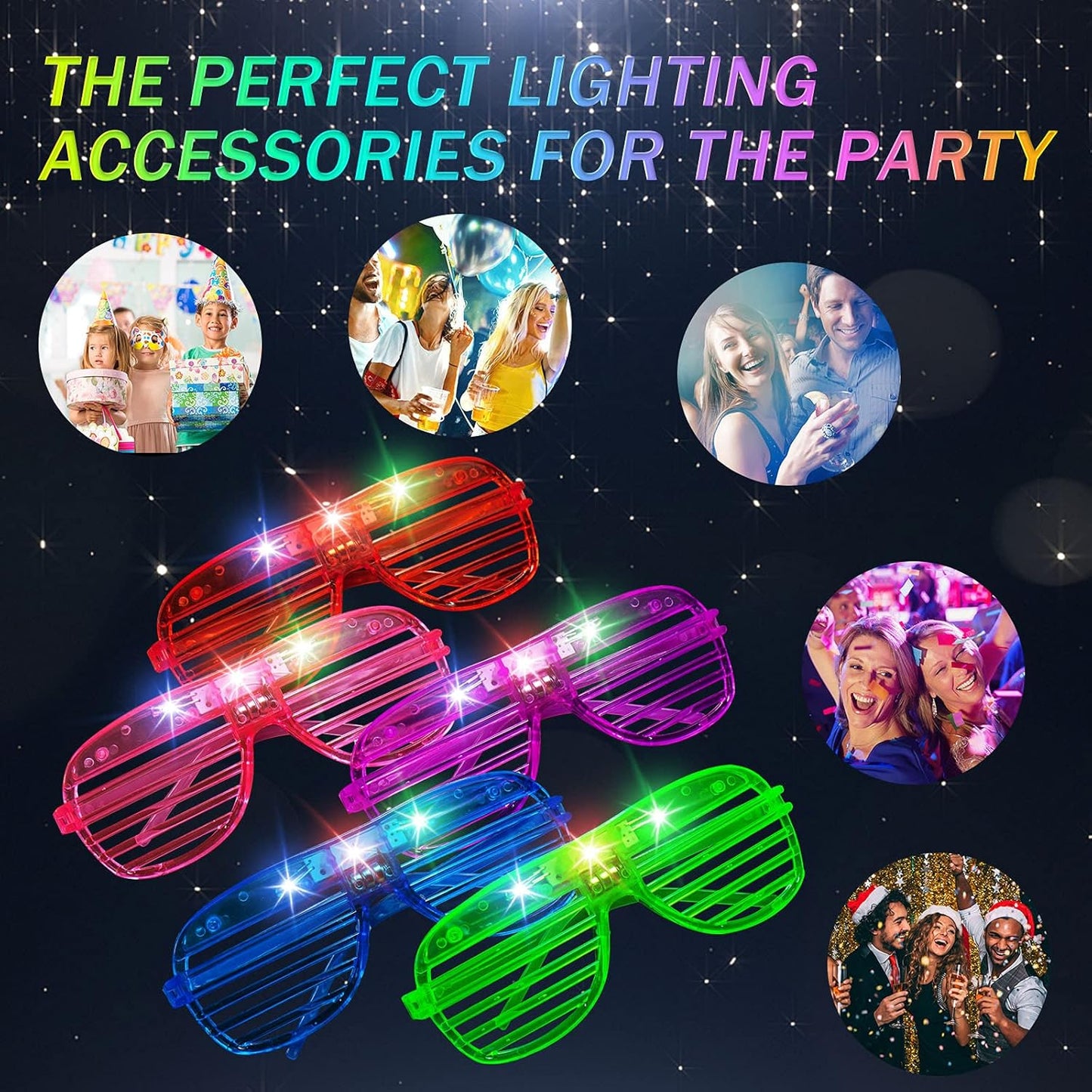 SHQDD LED Glasses - 64 Pack Light-Up Neon Sunglasses in 5 Colors | Glow in the Dark Party Accessories for All Ages