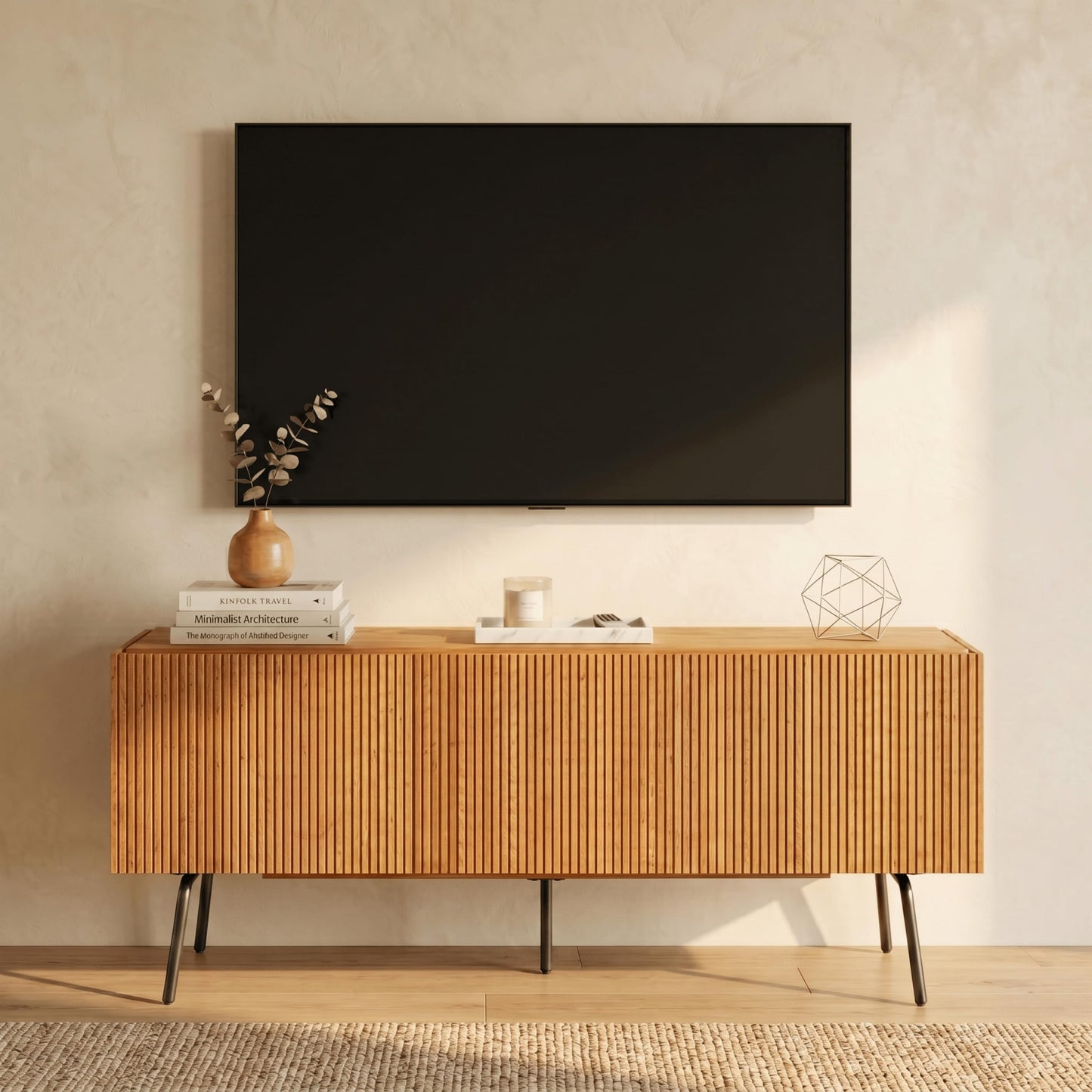 NTC Veil TV Stand with 3 Doors for TVs up to 60’’, Media Console with Vertical Groove Design and Metal Legs, Modern Entertainment Center for Living Room and Bedroom, Effortless Assembly, Teak Look
