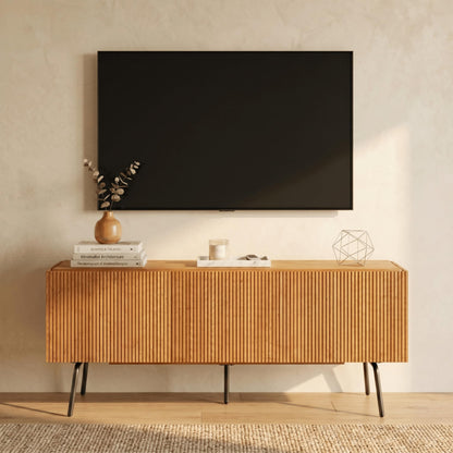 NTC Veil TV Stand with 3 Doors for TVs up to 60’’, Media Console with Vertical Groove Design and Metal Legs, Modern Entertainment Center for Living Room and Bedroom, Effortless Assembly, Teak Look