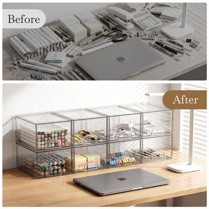Zeawec 8 Pack Small Clear Stackable Acrylic Storage Boxes for Art Tool & Sketch, Storage Drawers, Storage Organizer, Clear Plastic Makeup Organizer, Ideal for Vanity, Cabinet, Desk Organization