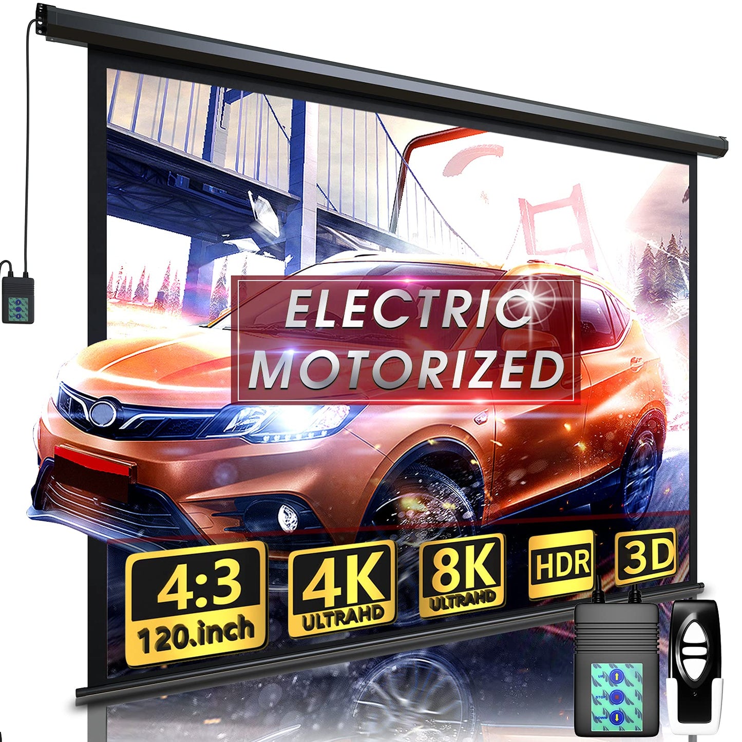 Aoxun 120" Motorized Projector Screen - Indoor and Outdoor Movies Screen 120 inch Electric 4:3 Projector Screen W/Remote Control