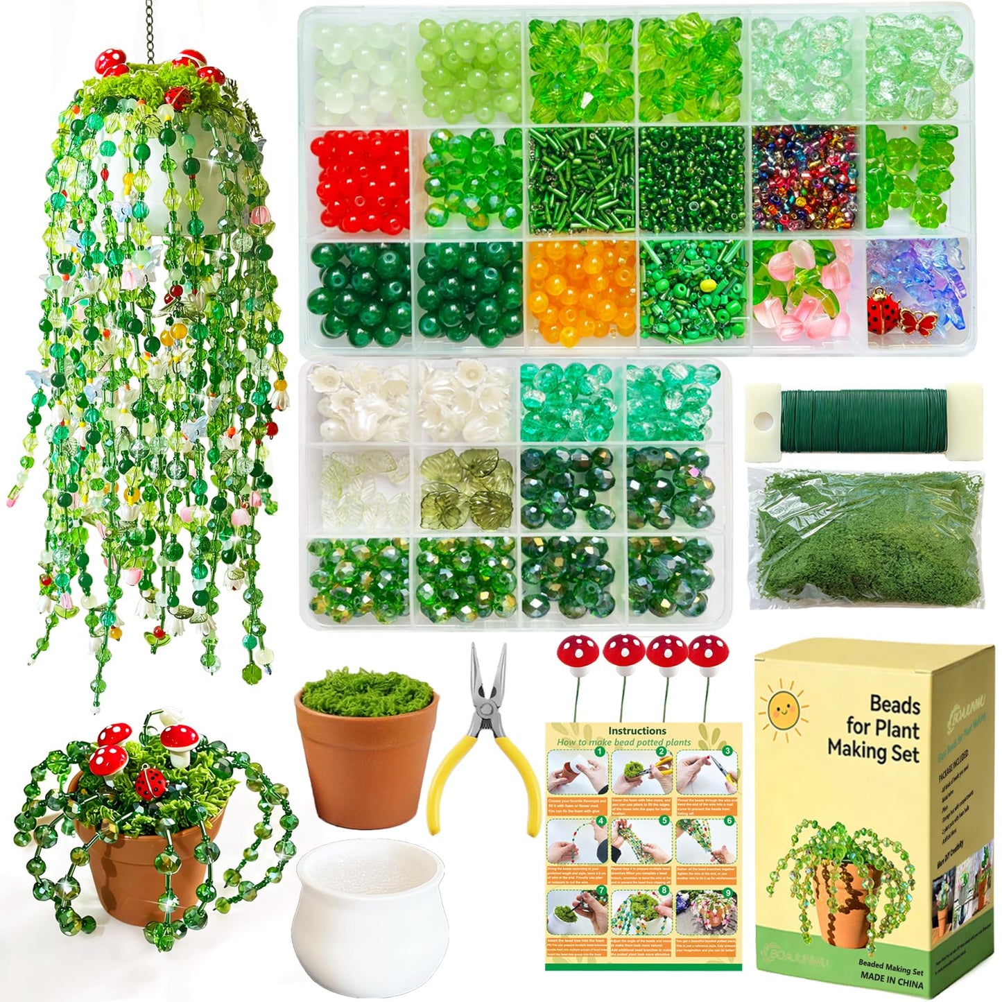 Forever Plant Kit Green Beads for Plant Making,Leaf Flower Beads for Beaded Plants with Plant Pot, Green Beads for Jewelry Making DIY Crafts Kit Plants Lover Gifts