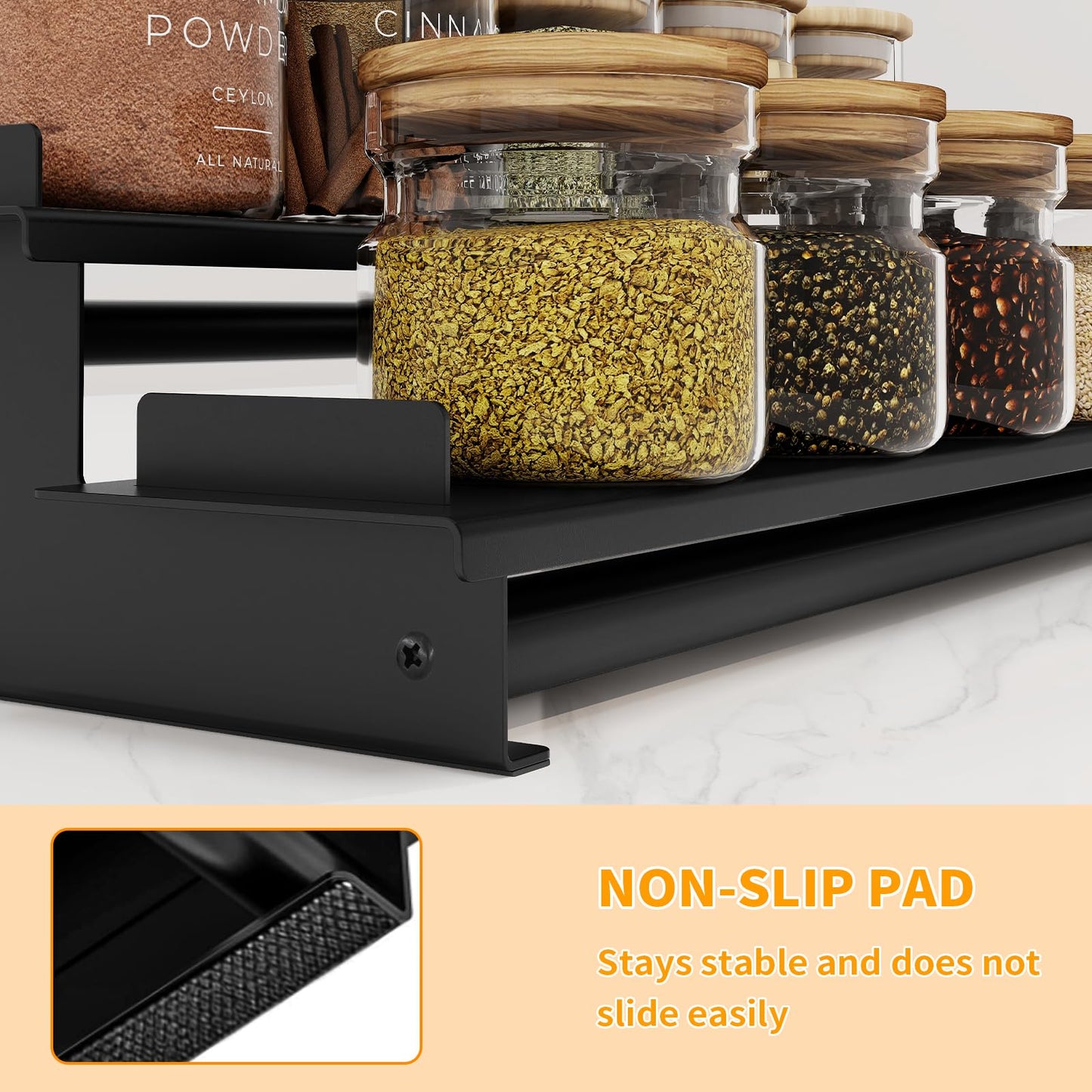 5 Tier Spice Rack for Cabinet, 2 Pack Spice Organizer, Metal Step Shelf Countertop Spice Rack for Inside Cabinets, Kitchen, Black