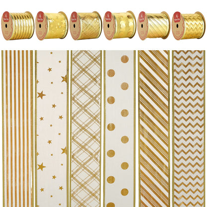 MEEDEE Gold Ribbon for Christmas Tree Decoration - 2.5 Inch, 6 Rolls, 36 Yards - Star and Stripe Wired Ribbon for Tree Garland and Crafts