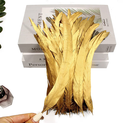 THARAHT 50PCS Rooster Coque Tail Feathers Bulk Natural 12-14Inch 30-35cm for Crafting Wedding Gras Masquerade Party Performances DIY Decoration Rooster Tail Feather,Gold