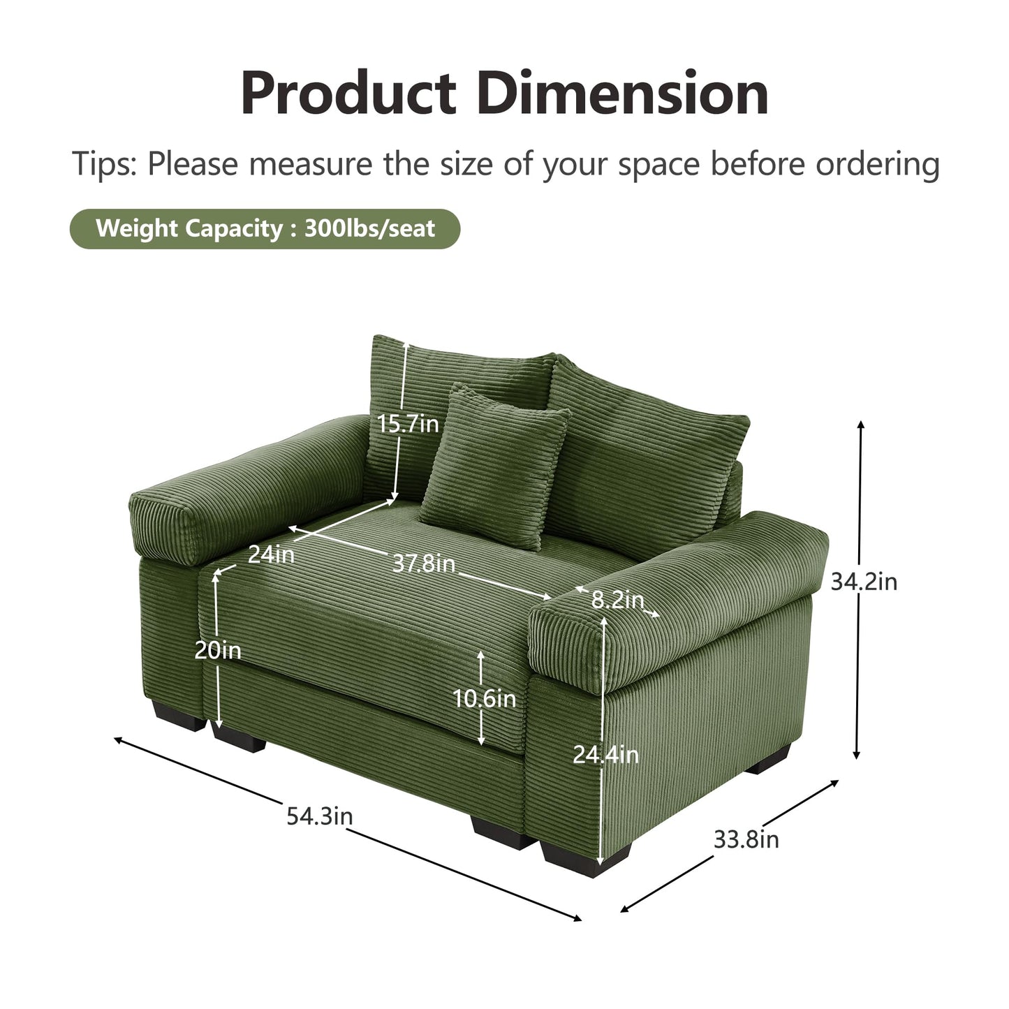 KEIKI 54" Oversized Corduroy Modular Sectional Single Sofa with High-Density Foam Cushions, Extra-Thick Armrests, Upholstered Modern 1-Seater Lounge Accent Chair with 3 Pillow, for Living Room, Green