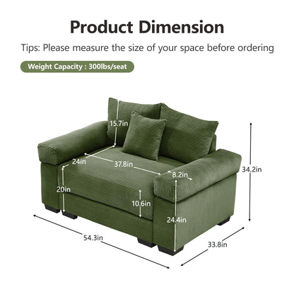 KEIKI 54" Oversized Corduroy Modular Sectional Single Sofa with High-Density Foam Cushions, Extra-Thick Armrests, Upholstered Modern 1-Seater Lounge Accent Chair with 3 Pillow, for Living Room, Green