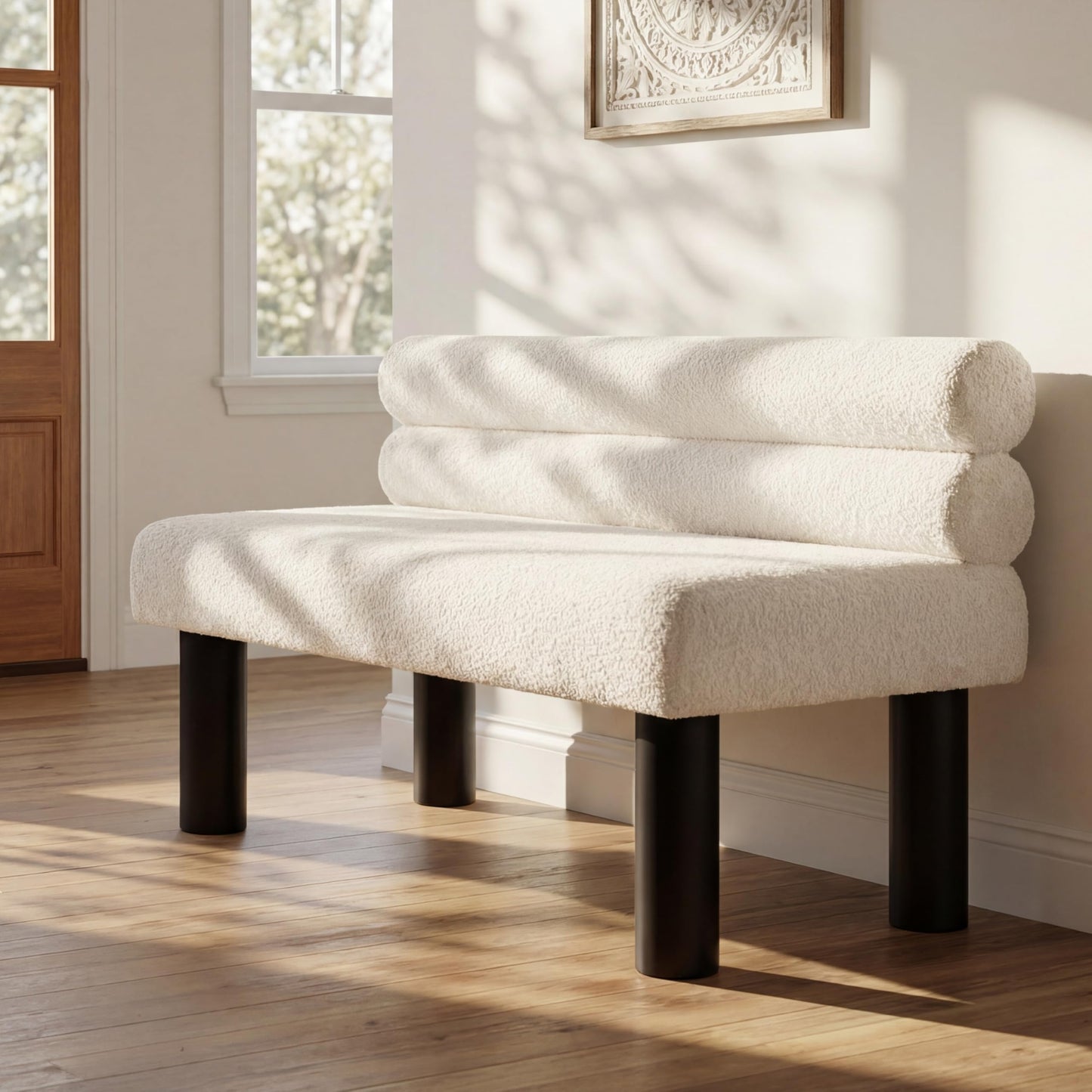 Christopher Knight Home Wally Boucle Upholstered Dining Bench, Modern Large Dining Room Chair, Entryway Ottoman Bench, Bedroom End of Bed Seating, Armless Desing and Wooden Frame, Milky White+Black