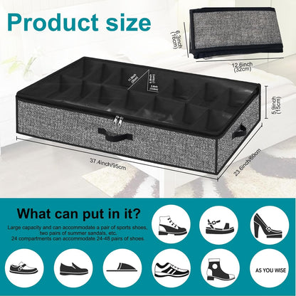 Under Bed Shoe Storage Organizer, 2 Pack for 28 Pairs, Clear Window, Foldable Shoe Rack Holder, Black
