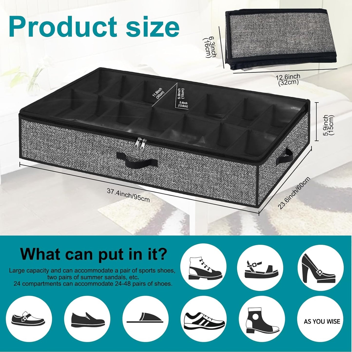Under Bed Shoe Storage Organizer, 2 Pack Fits 32 Pairs, Clear Window, Foldable Shoe Rack Holder, Black