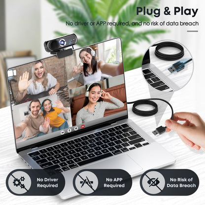 Shcngqio 1080P HD Webcam with Microphone, Noise Cancellation, Privacy Cover, Wide-Angle Lens, Auto Light Correction, Plug & Play USB Webcam for Laptop, Desktop, PC, Mac, Zoom, Skype, Streaming (Black)