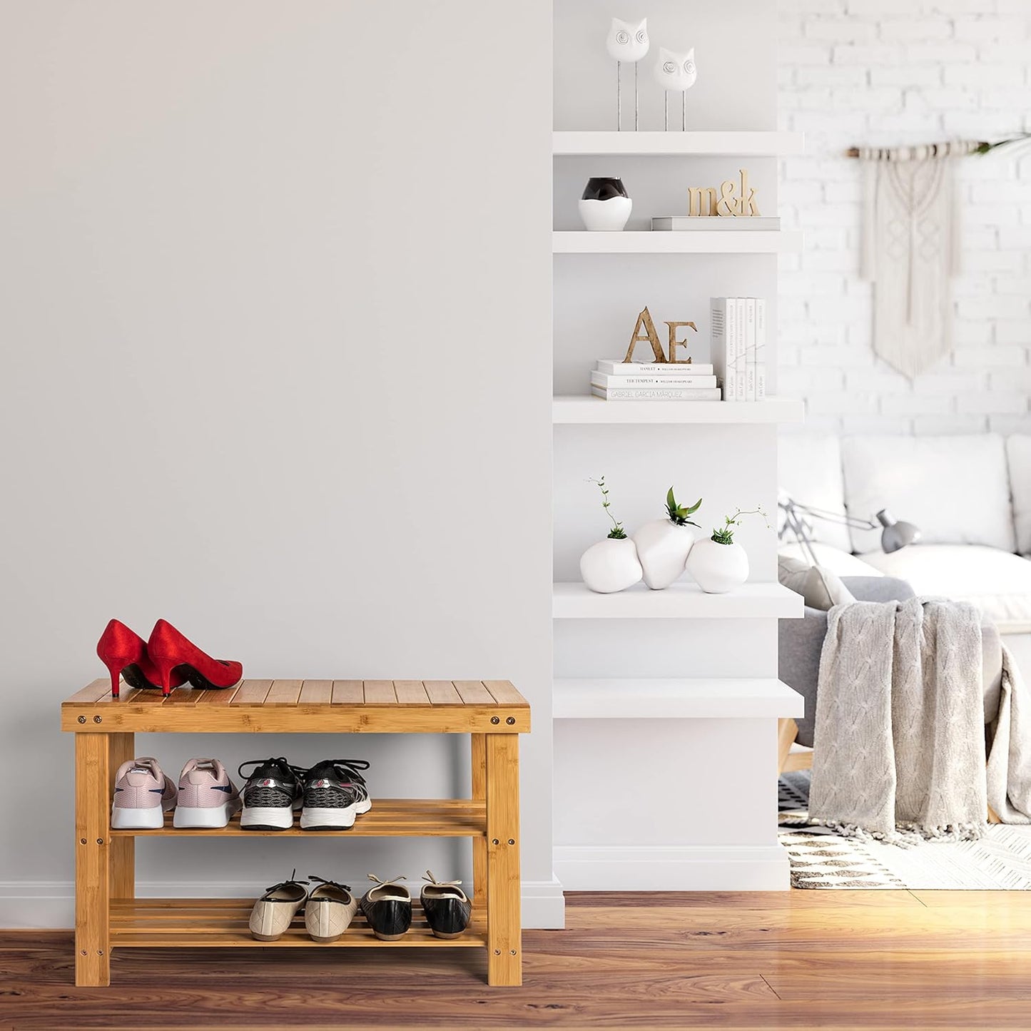3 Bamboo Tier Shoe Rack Bench, Premium Shoe Organizer or Entryway Bench, Perfect for Shoe Cubby, Entry Bench, Bathroom