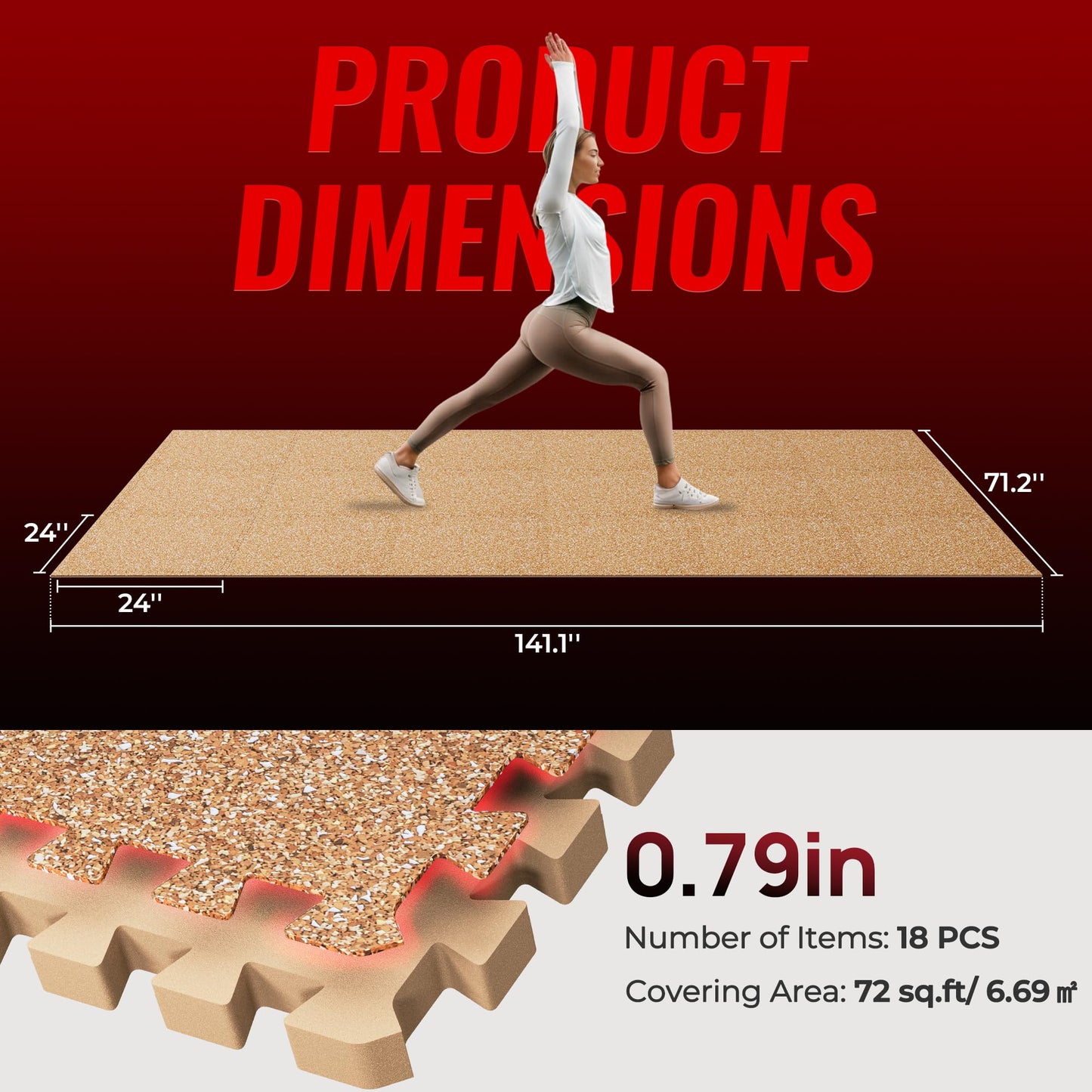 SUPERJARE 0.79'' Extra-Thick Exercise Equipment Mats, 18 Pcs 72 Sq Ft Rubber Top Floor Tiles with High Density EVA Foam, Interlocking Gym Flooring for Home Gym, Workout Mat, Wood