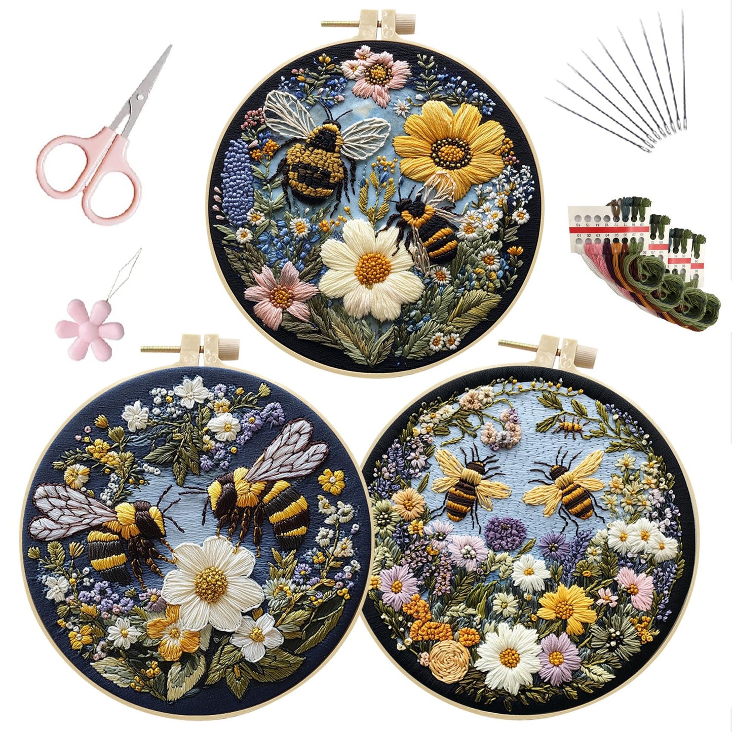 EOBTAIN 3 Pcs Bee Floral Embroidery Kit for Beginners,Yellow Flower Embroidery Kits for Adults, Wildflower Plant Embroidery Starter Kit with Pattern,Hoop,Thread,Needles,Hand DIY Craft Kits for Adults