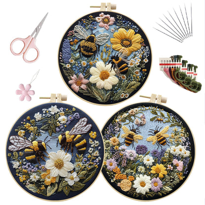 EOBTAIN 3 Pcs Bee Floral Embroidery Kit for Beginners,Yellow Flower Embroidery Kits for Adults, Wildflower Plant Embroidery Starter Kit with Pattern,Hoop,Thread,Needles,Hand DIY Craft Kits for Adults